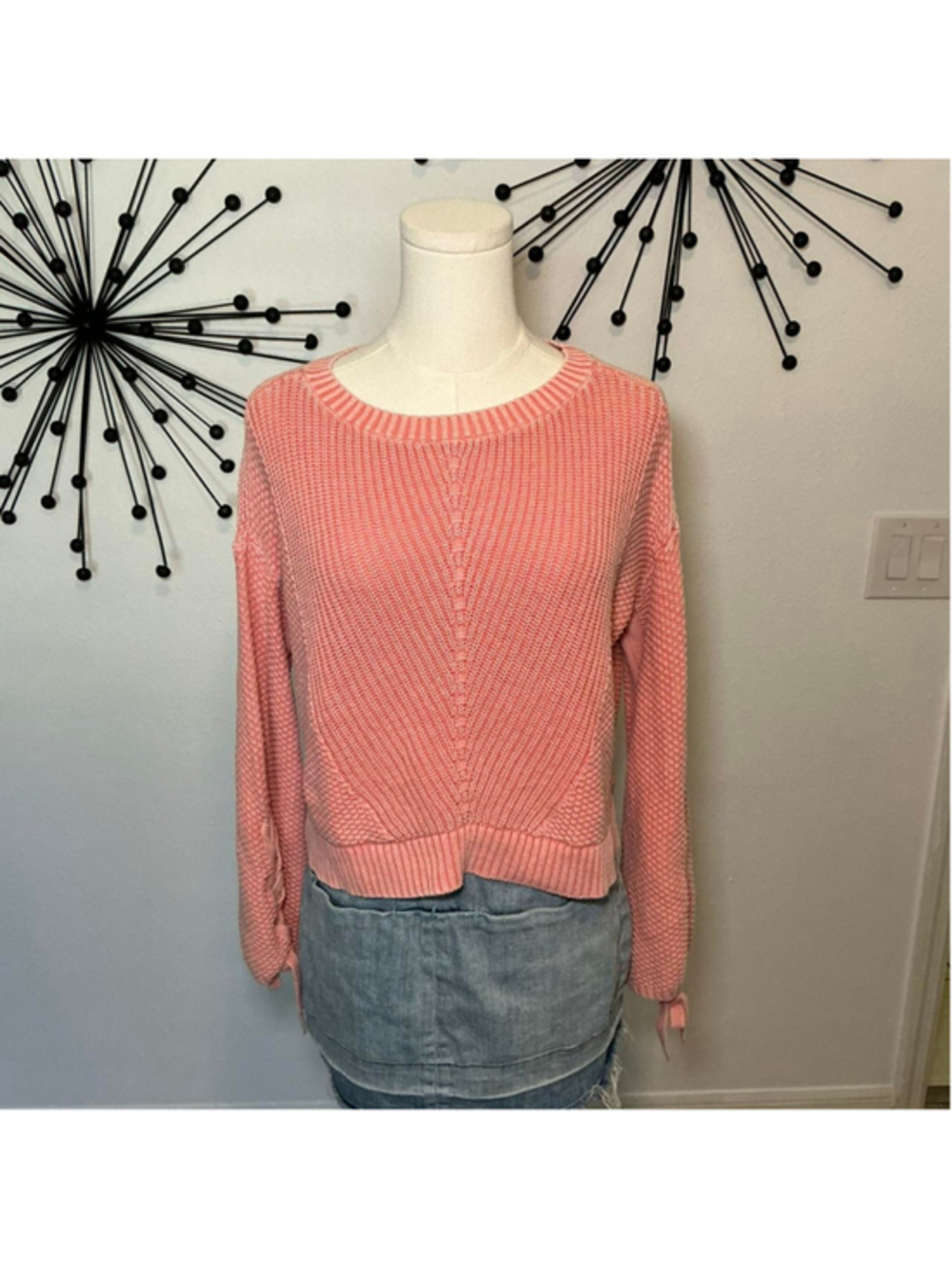 Hollister Pink Knit Sweater Tie Sleeve Cropped Cozy XS
